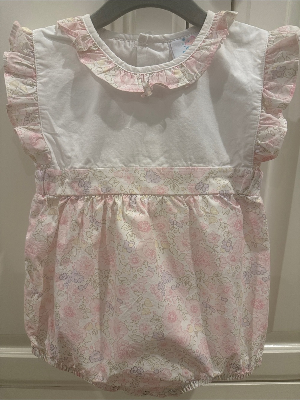 Floral Ruffle Bubble Romper in White and Pastel Pink